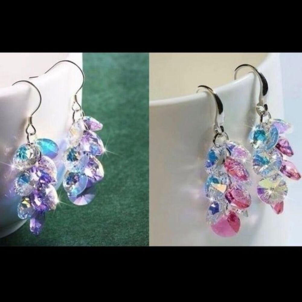 2 Pair Crystal Silver French hoop dangle earrings